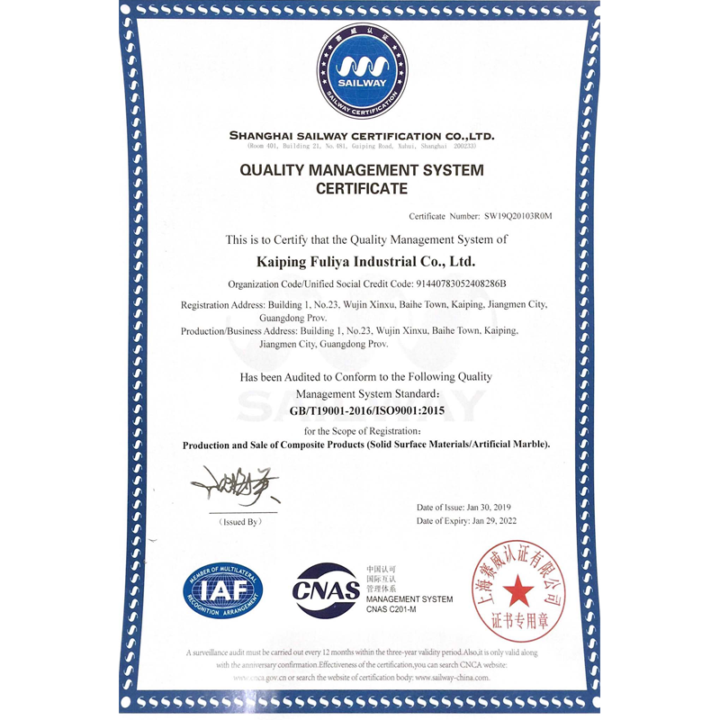 Melhor 10 anos de garantia confiável ISO 9001 Koris acrílico superfície sólida folha de mármore padrão diferente